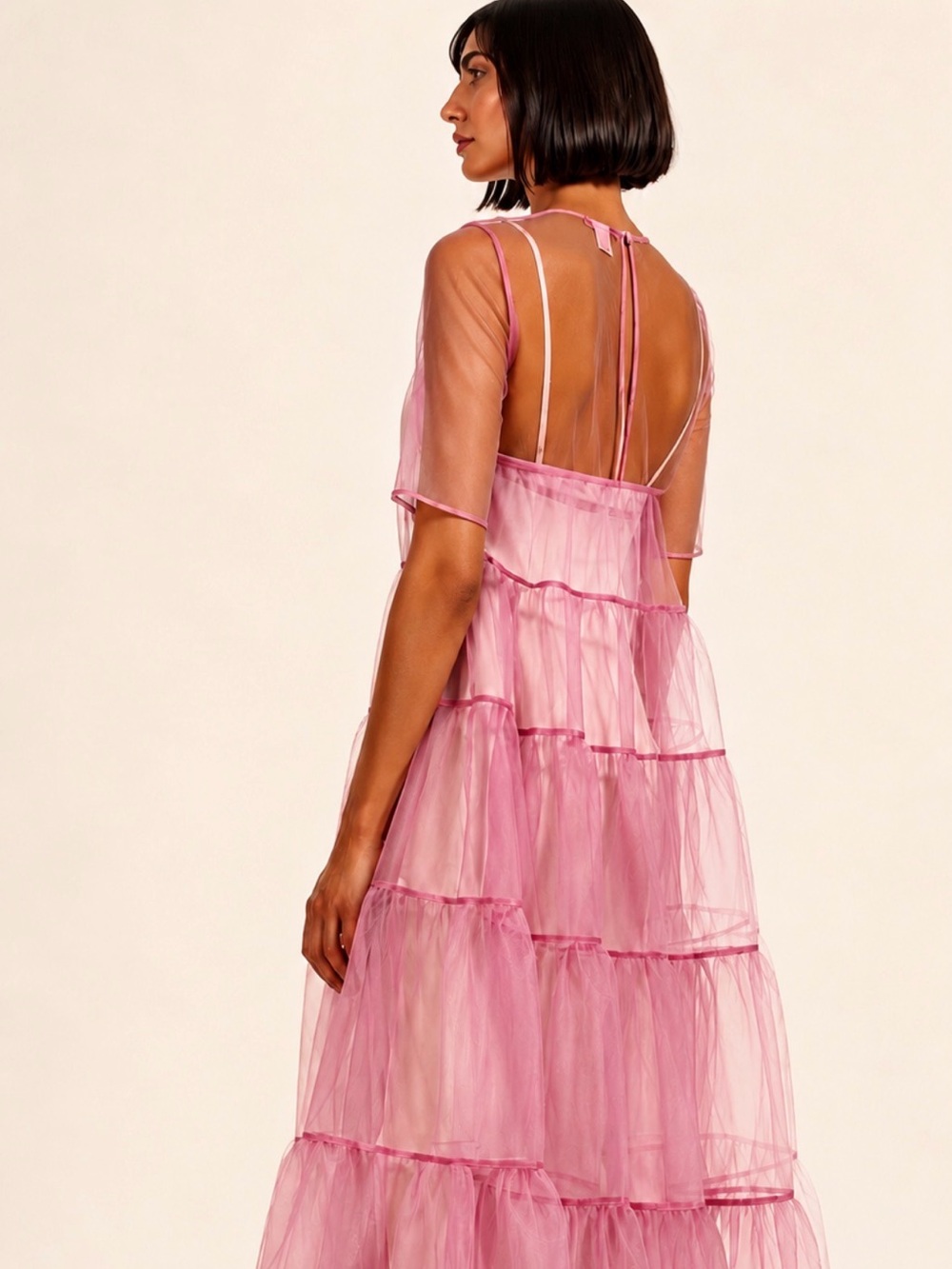 STAUD Pink Sheer Tiered Maxi Dress